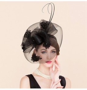 Black with appliques lace diamond luxury women's ladies female fashion horse race wedding party bridal brides  fascinators feather sinamay pillbox top hats hair clip  